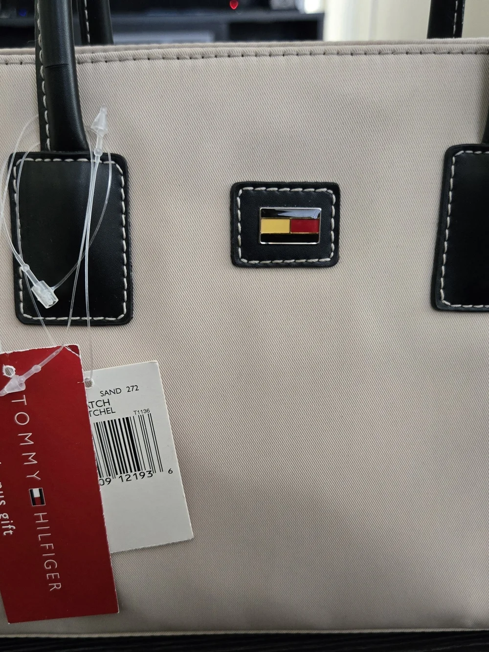 Tommy Hilfiger Beige and Black Satchel with Red Trim